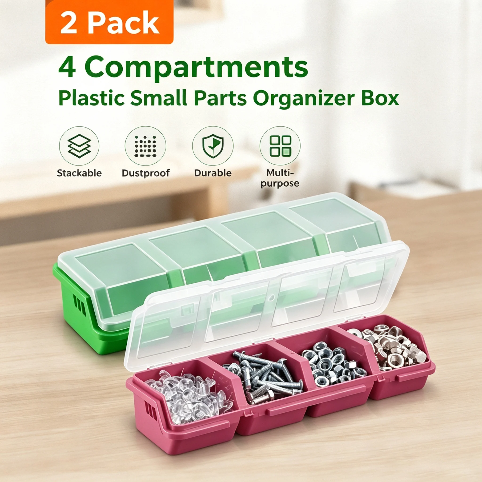 2 Pack 4 Compartments Plastic Small Parts Organizer Box for Screws Fishing Tackle Jewelry Craft Beads Electronic Components Case