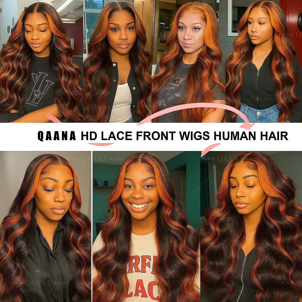 # 4/350 Omber Ginger с коричневыми бликами Объемные волнистые парики Человеческие волосы 5x5 Обновление кружева спереди Бесклеевые вьетнамские парики из человеческих волос