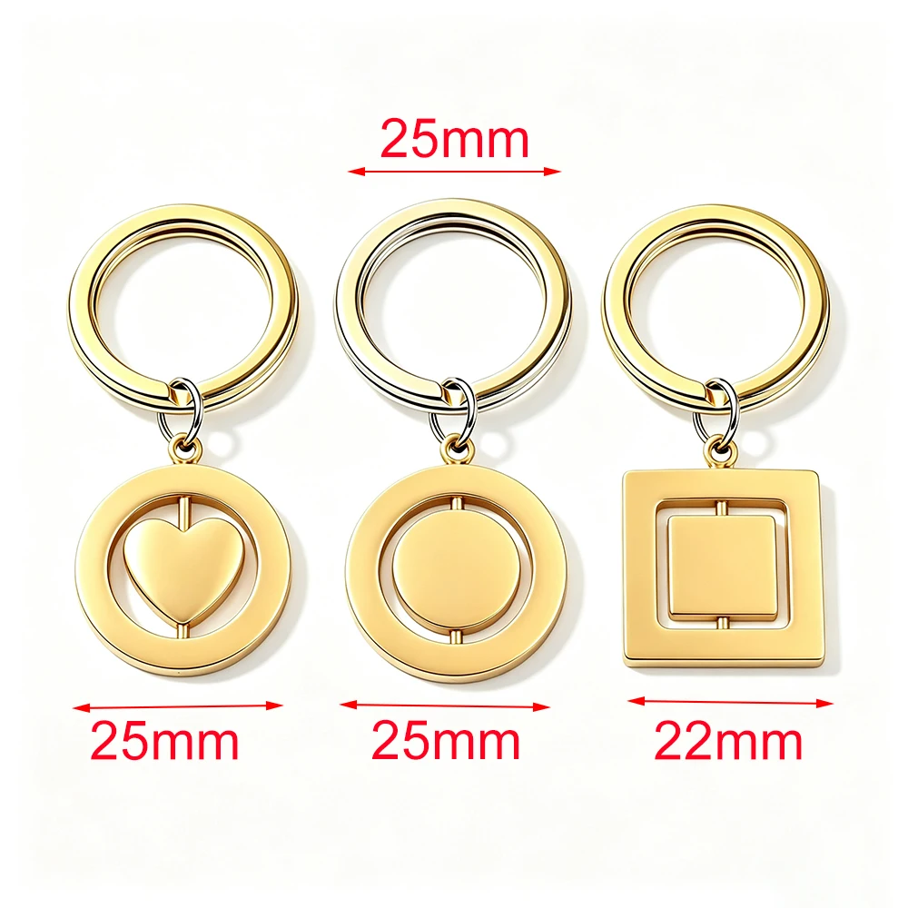 Fnixtar 10pcs Rotating Round Heart Pendant Key Chain Stainless Steel Quality PVD Plated Bag Jewelry Key Holder