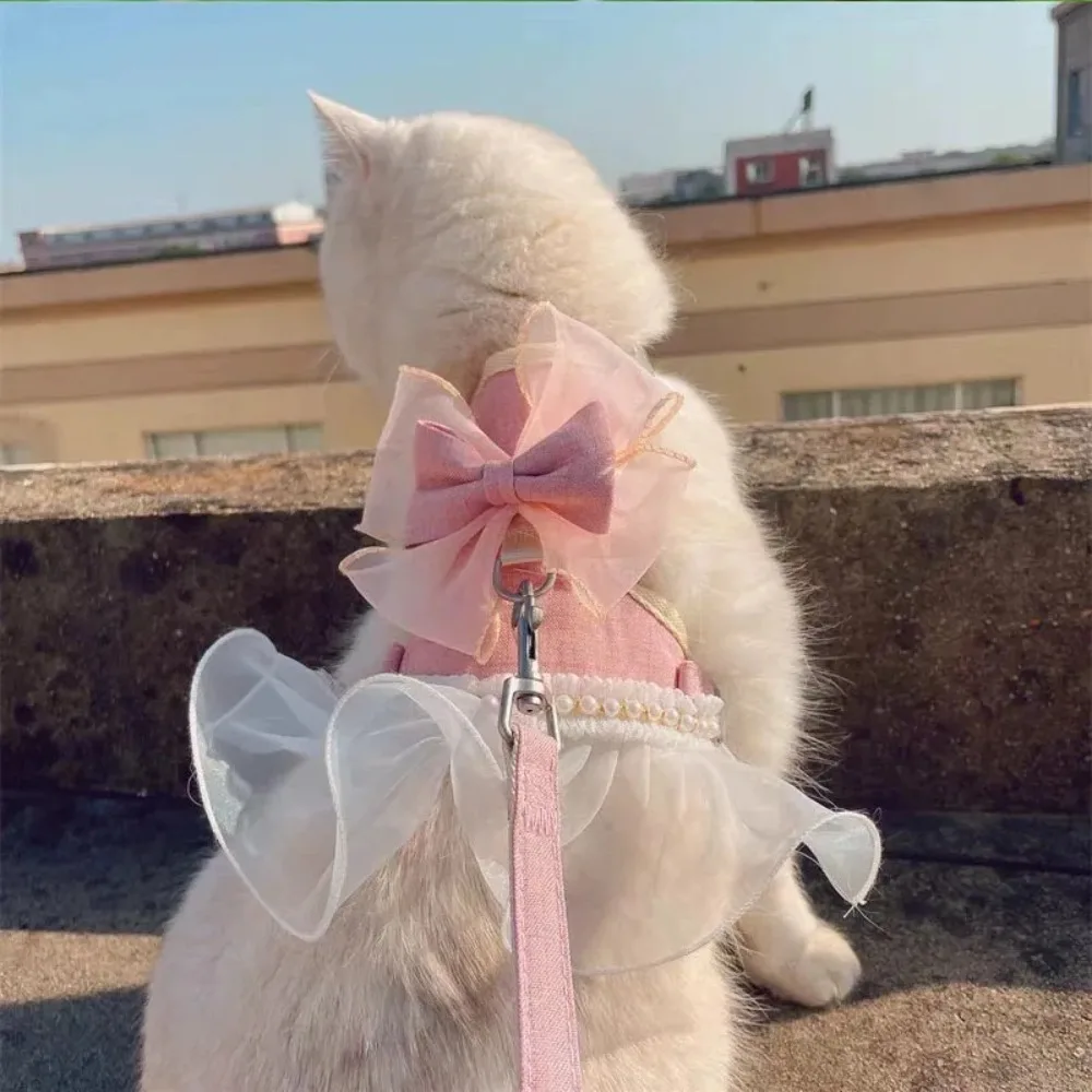 

Cute Princess Style Cat Harness Leash Adjustable Nylon Pet Chest Strap with Bowknot Breathable Dog Traction Rope Party