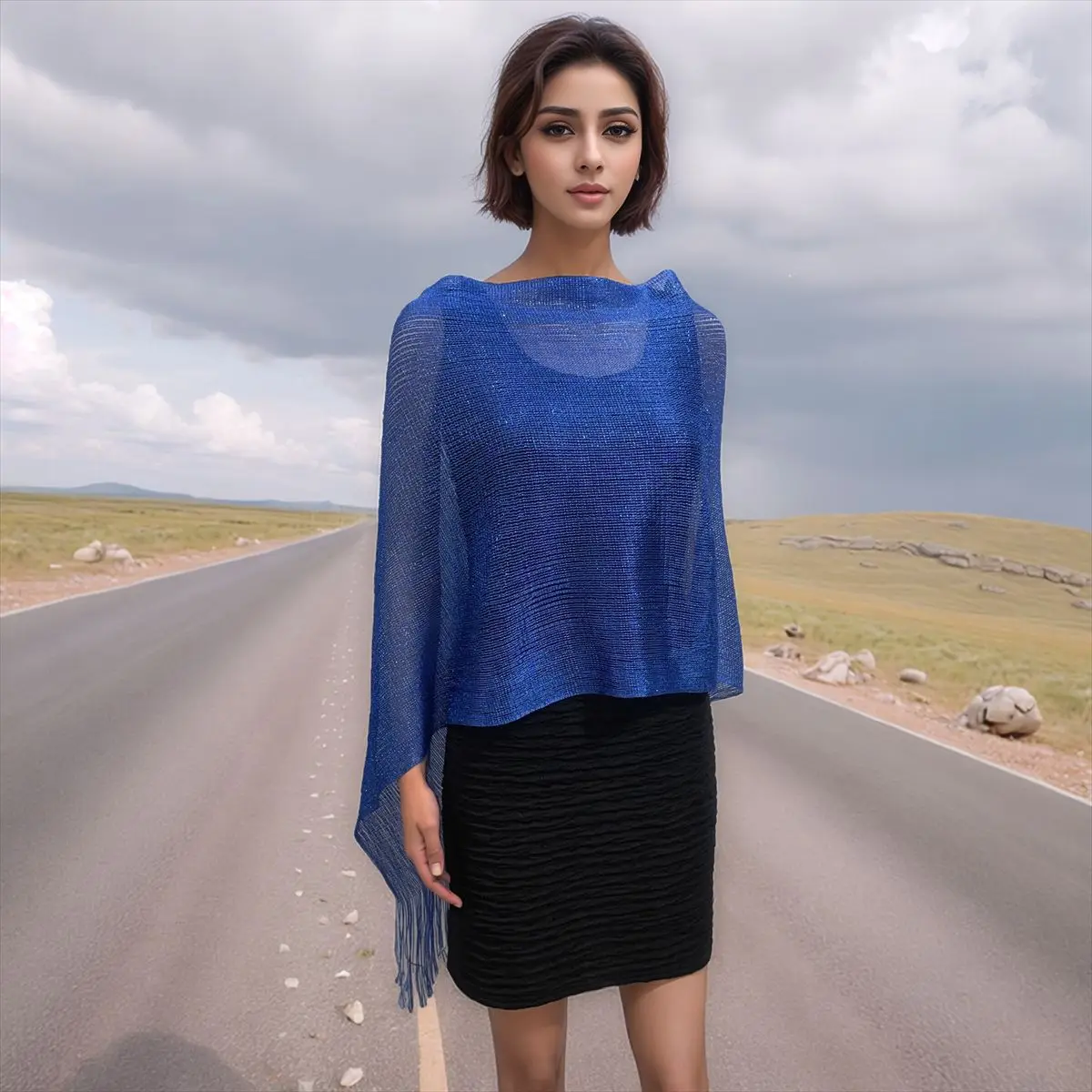 New hollowed out shawl cape European and American women's summer outerwear cloak tassel pullover polyester shiny Poncho P1