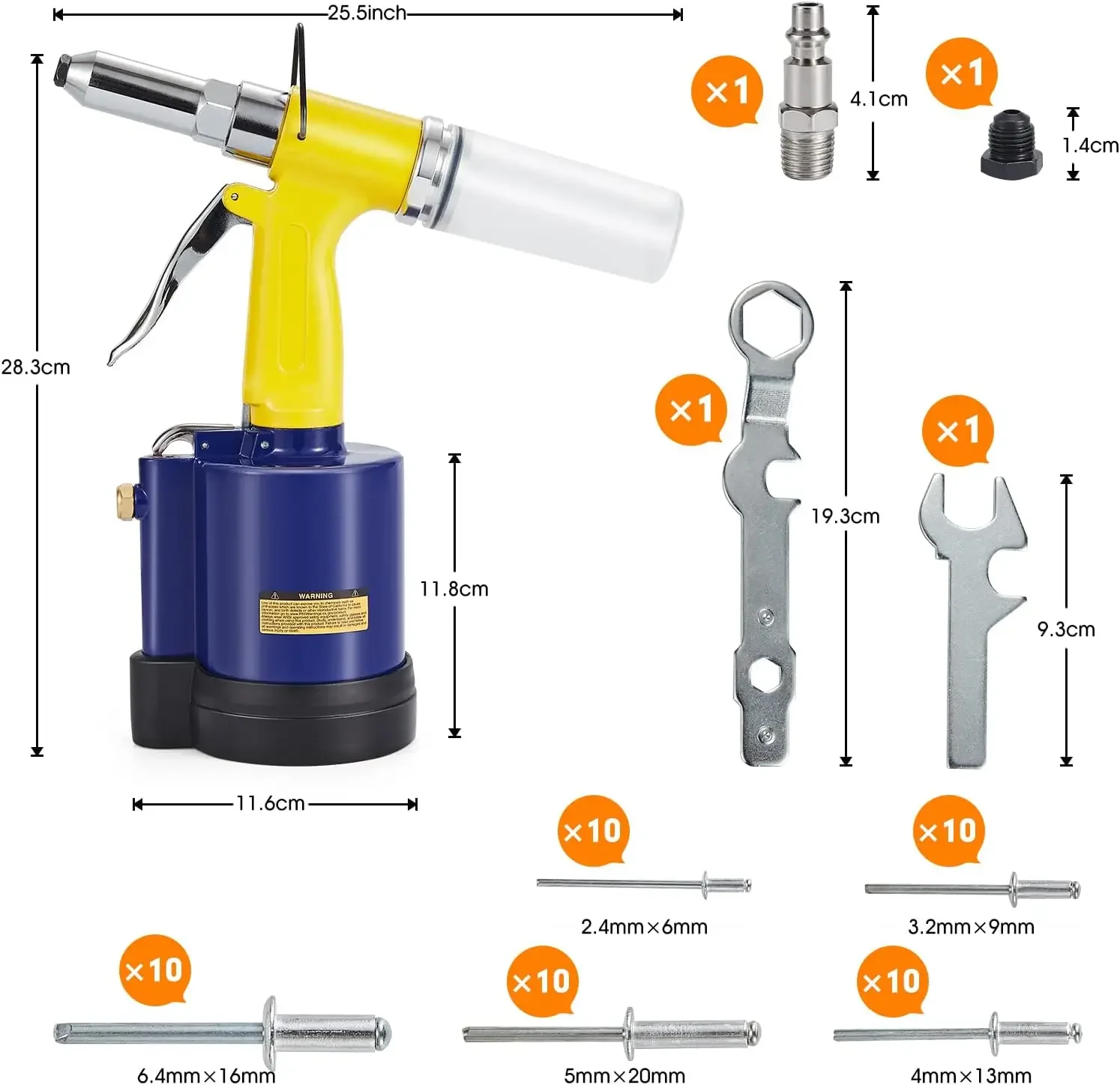 Riveteuse à air pour outils de circulation d'air, rivet ennemi à extrémité ouverte, capacité de 3/32 po, 1/8 po, 5/32 po, 3/16 po, 50 pièces