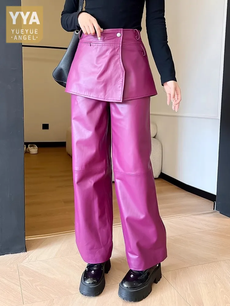 High Street Women Fake Two Piece Skirt Pants High Waist Loose Fit Wide Leg Pants New Fashion Sheepskin Genuine Leather Pants 4XL