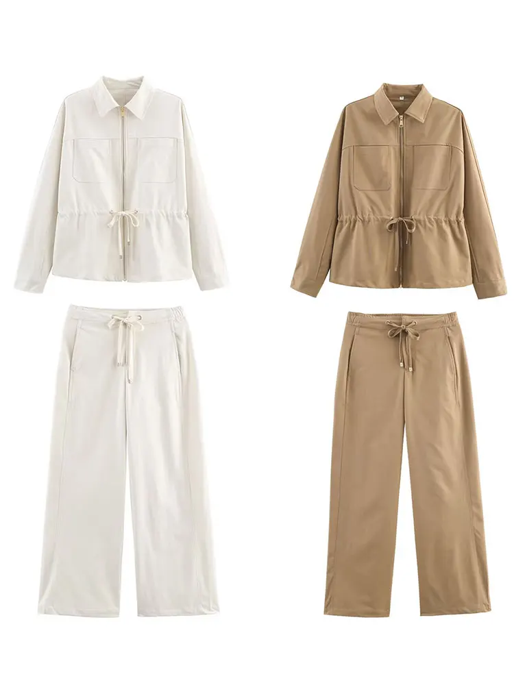 HH Conjuntos de calças de outono para mulheres, elegante, moda, cintos ajustáveis, casaco, manga comprida, jaqueta com zíper, calças largas, roupas casuais