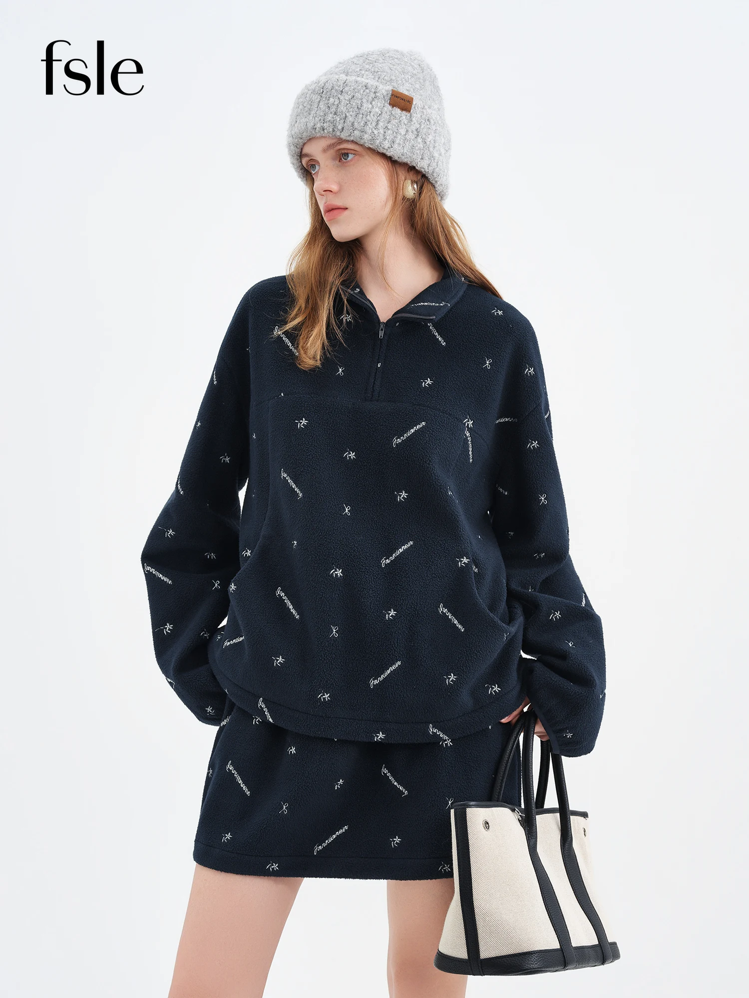 

FSLE Women's Half-High Neck Half-Zip Loose Fleece Sweatshirt and Mini Skirt Sets Daily Leisure Chic Design Personality