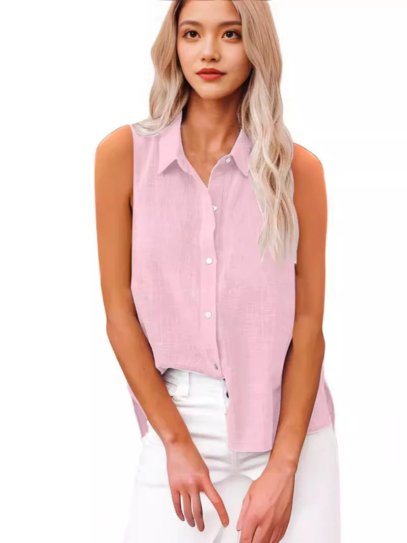 

2025 Summer Hot Lapel Cotton Linen Buttons Sleeveless Shirts Women's Shirts Blusas De Mujer Ofertas Woman Clothing Top Mujer