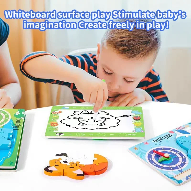 Montessori Disegno in legno Ortografia Tavolo Puzzle 3D Gioco Animale del fumetto Orologio del tempo Puzzle Forma Corrispondenza Cognizione Giocattolo Regali