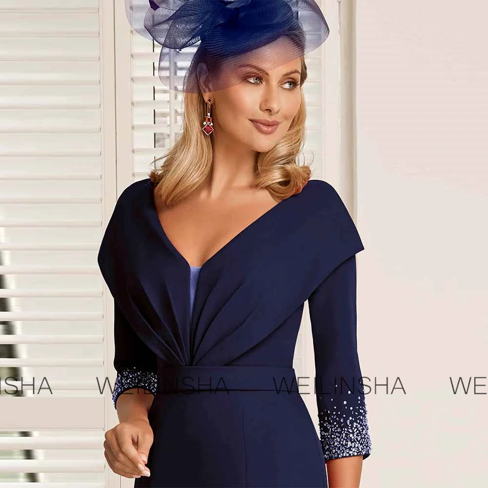

Elegant Women's Dresses for Wedding Party Crepe Fabric Mermaid Bridal Dress Navy Blue V-neck Pleat Ruffles Belt Prom Dress Midi