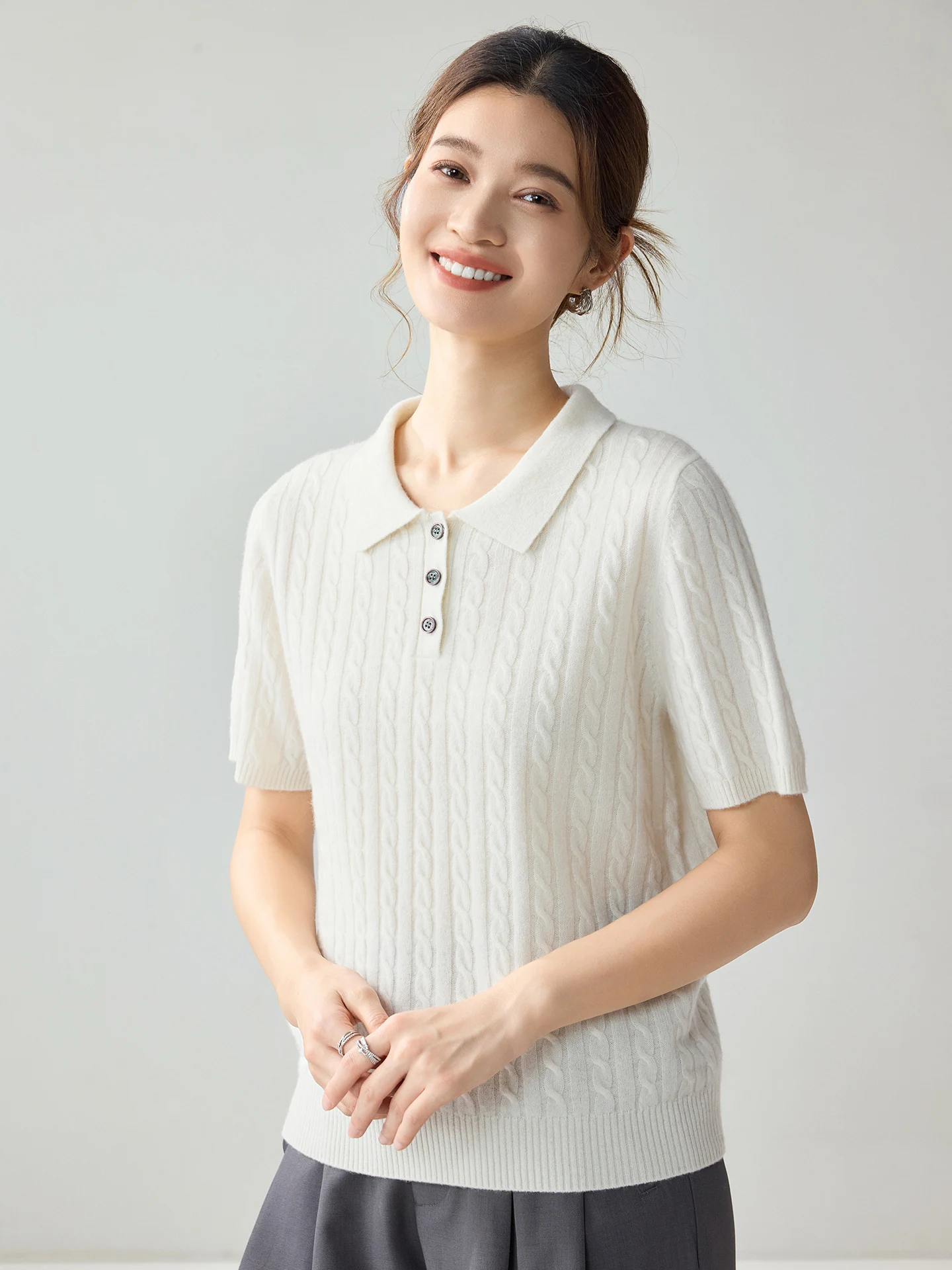 Autumn Women Cashmere Sweater Polo Collar Cable Knit Short Sleeve Tops 100% Cashmere Knitwear Solid Casual Female Clothes