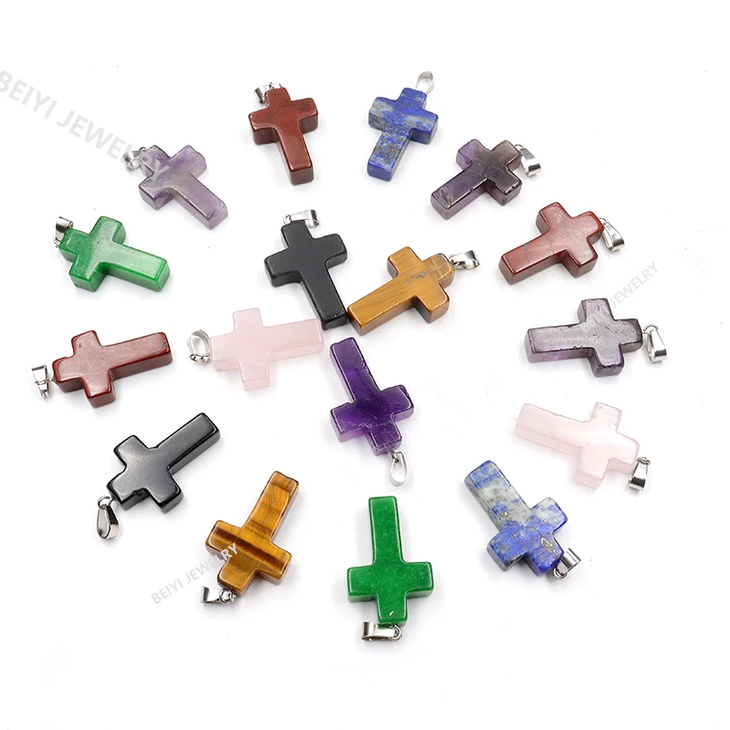

15Pcs/Set cross Pendant Carved Natural Stone 20mmx30mm Crystal Healing Reiki Earring Craft Ornament For Jewelry Making Wholesale