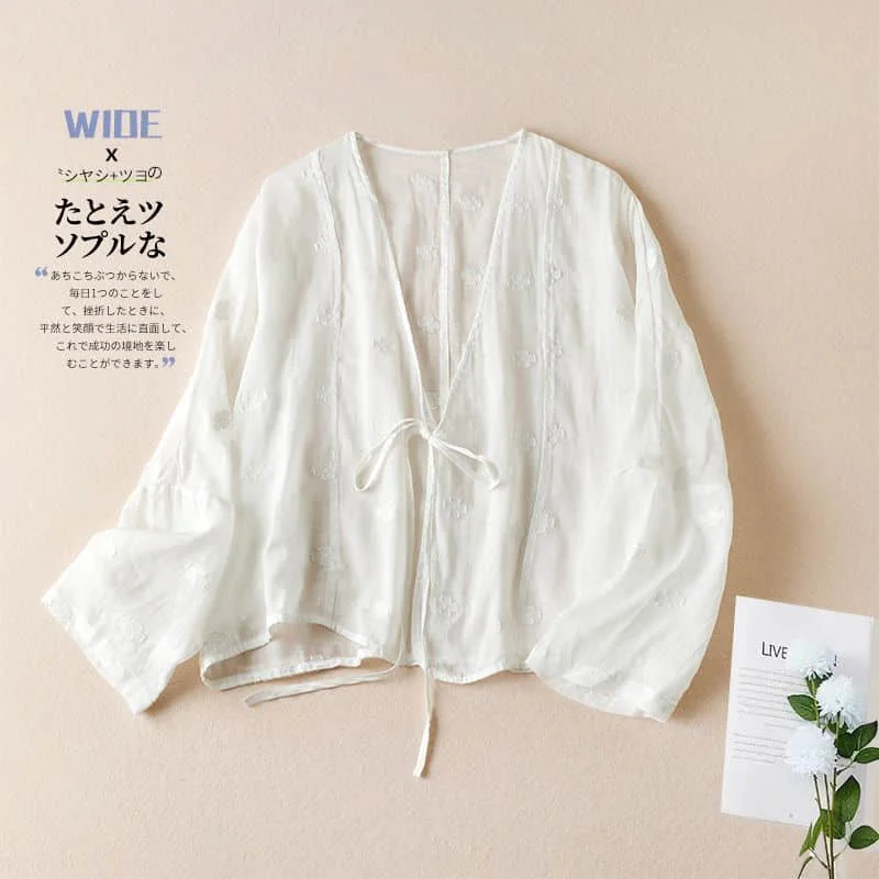 Wrap Coats Women V-neck Sunscreen Lace Semi-sheer Fabric Tops Embroidery Oversized Casual Korean Style Smock 2026 Summer Clothes