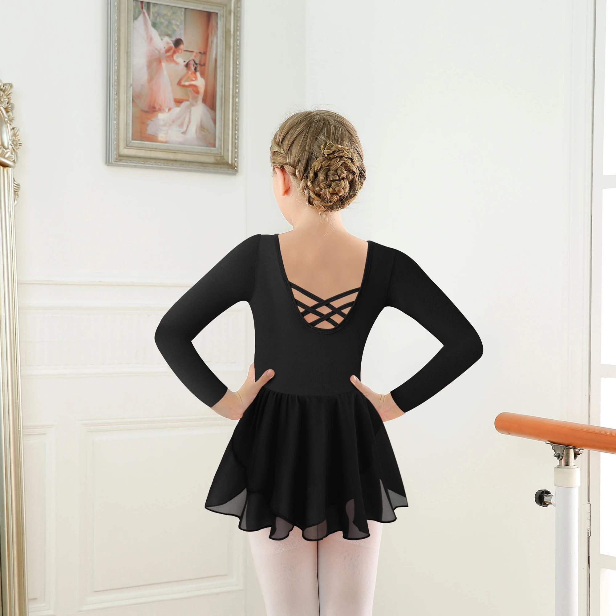 Justaucorps de Ballet à manches longues pour filles, avec jupe, robe de danse croisée dans le dos creux, vêtements de Ballet pour tout-petits