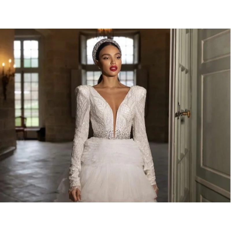 Customized Deep V-Neck Elegant Princess Dress Wedding Dress With Long Sleeves And Layered Gauze Decoration Vestidos De Noiva