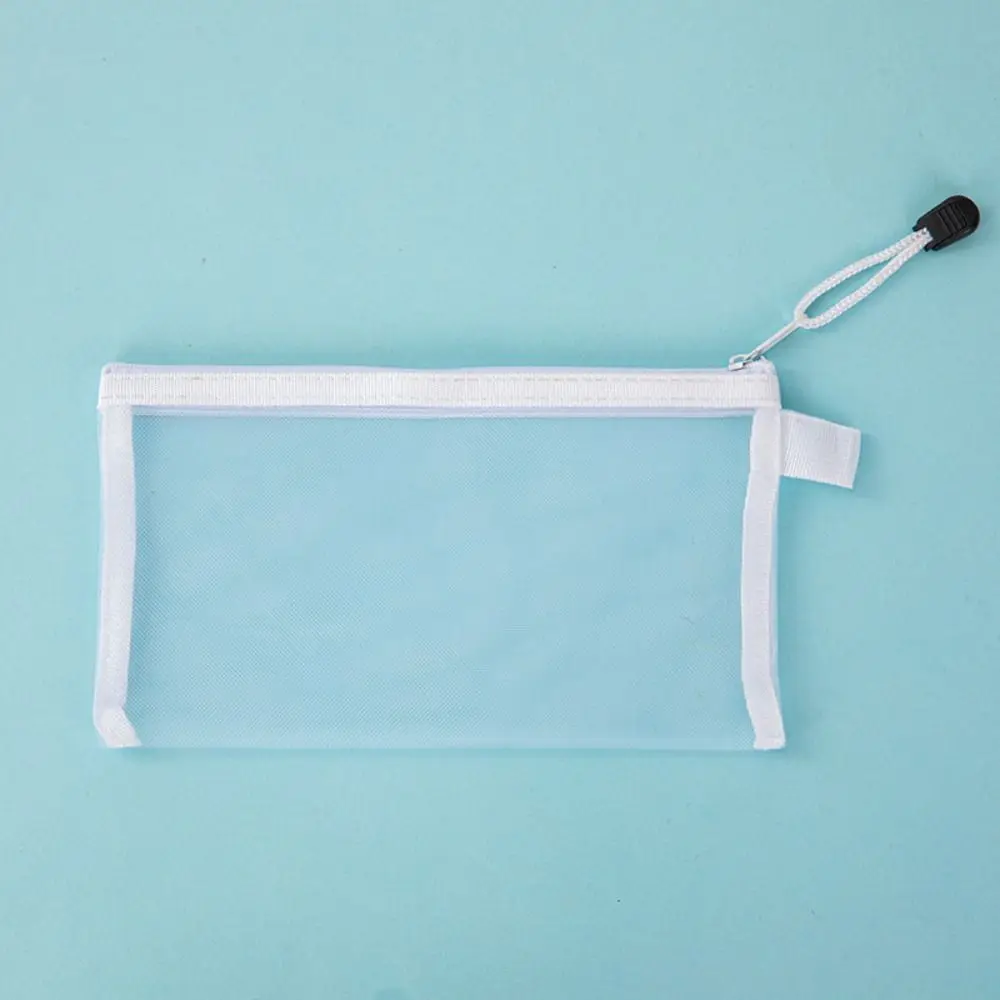 Nylon Transparent Zipper Pencil Case Solid Color Makeup Pouch Clear Stationery Bag Zipper Travel Case Mesh Cosmetic Storage Bag