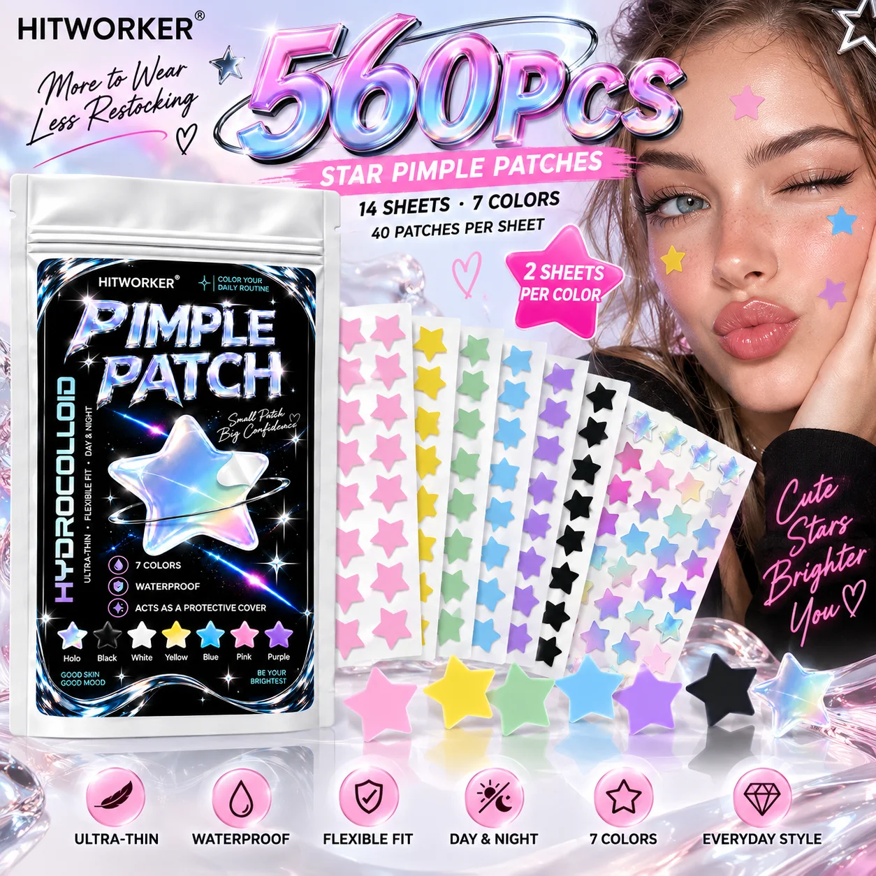 280/560/1120PCS Colorful Star Pimple Patches for Face, Hydrocolloid 7-Color Blemish Cover Stickers, Ultra-Thin Waterproof