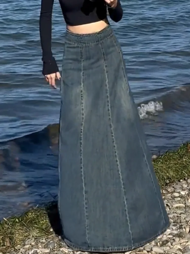 

Ретро джинсовая юбка с высокой талией, женская, весенняя новинка, с дизайнерскими вставками, стройнящая, скрывающая бедра, А-силуэт, длинная юбка