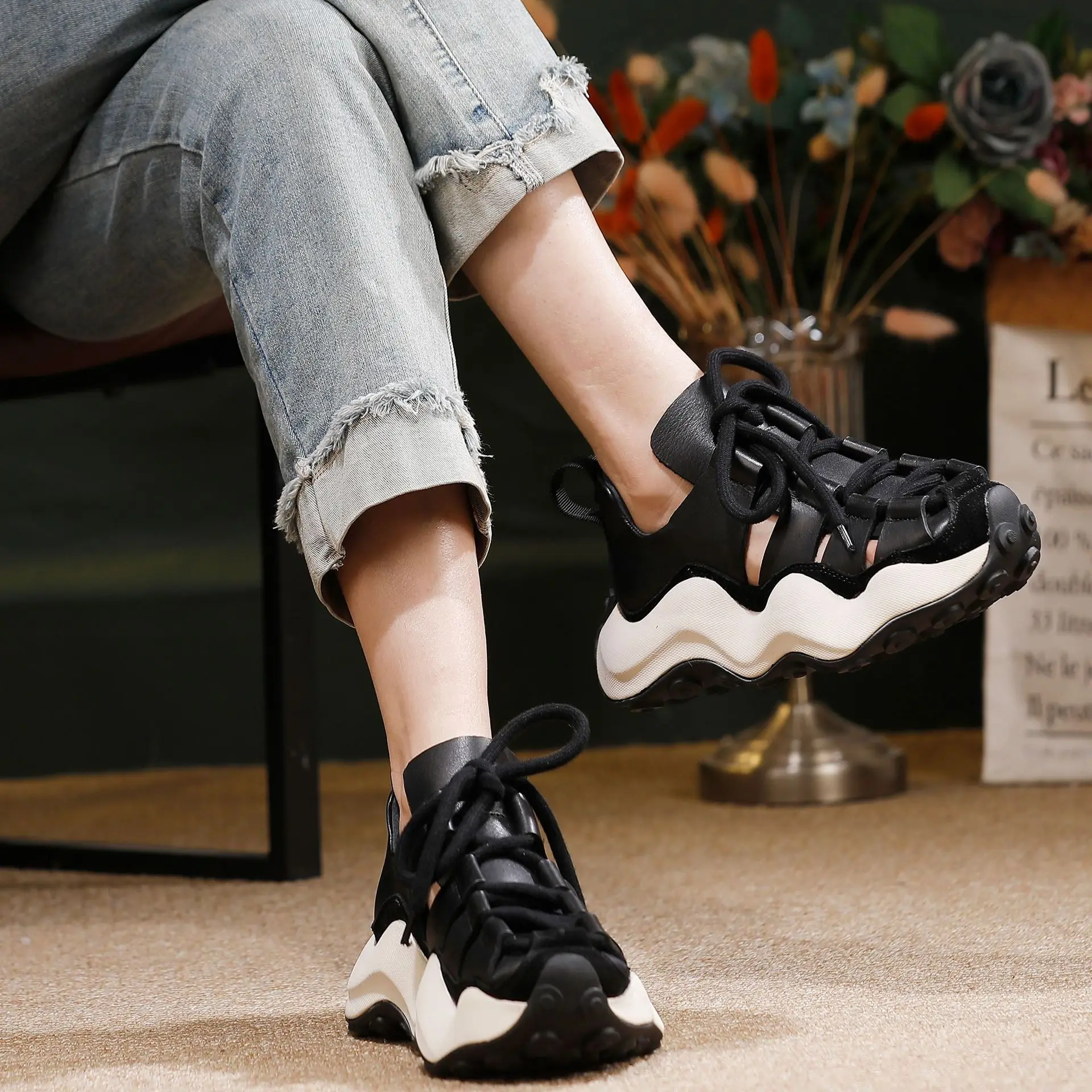 Cow Leather Woven Closed Toe Platform Sandals Lace Up Chunky Wavy Sole Sport Rome  Vintage Hollow Out Height Increasing Sandals