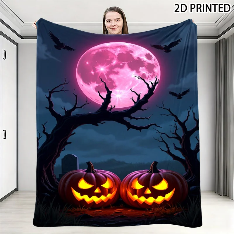 Spooky Halloween Graveyard Scene Throw Blanket, Glowing Jack-o'-Lanterns Pink Full Moon & Flying Crows Print, Multiple Specifica