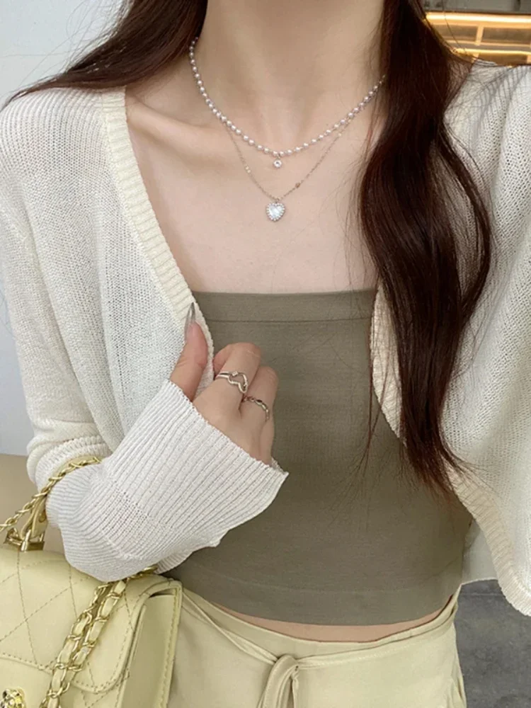 Cardigan branco fino feminino verão protetor solar rendas malhas topos senhora estilo coreano casual manga longa curto sol protegido topo