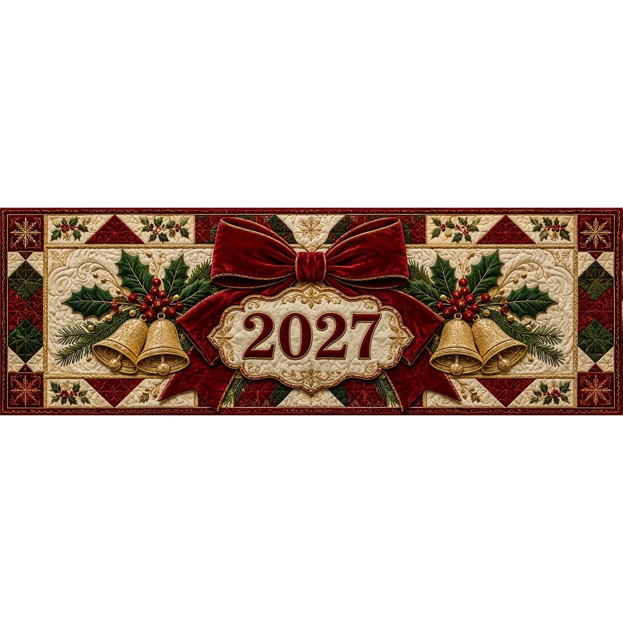 One table flag table skirt. Holiday Christmas table skirt. Decorated with holly bells and velvet bows design.
