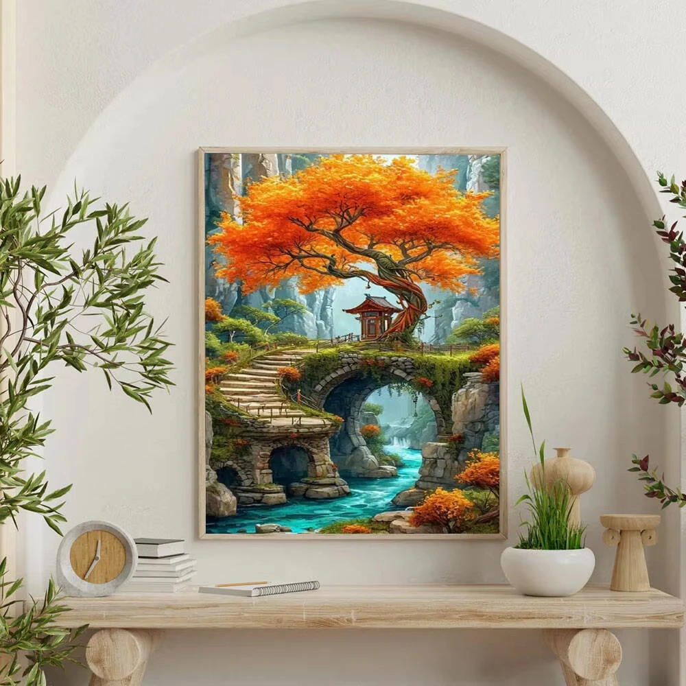 

500/1000/1200/2000 PCS Jigsaw Puzzles Scenery Orange Trees Bridge River Family Activity Games for Gameroom Bedroom Frameless