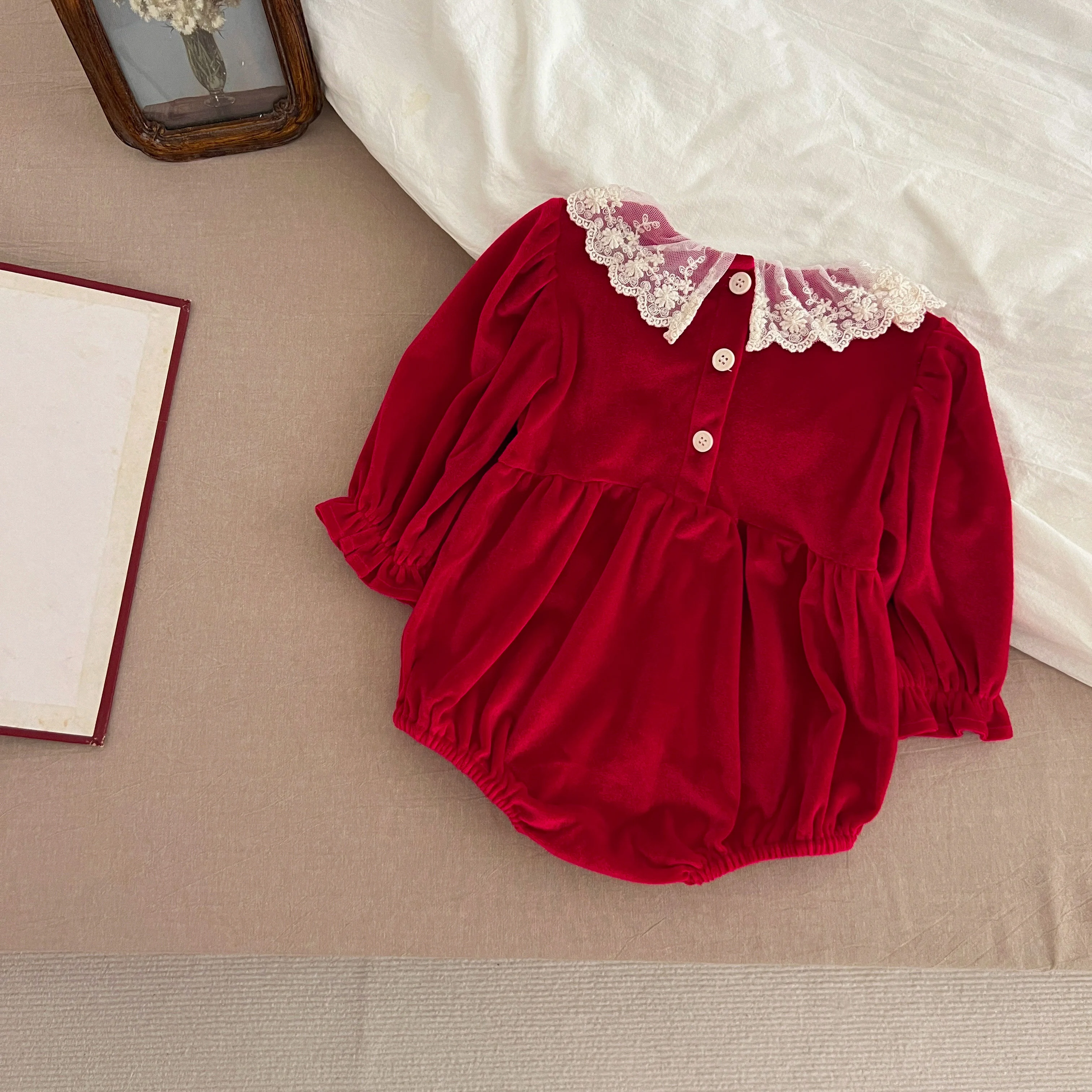 0-3Y Weihnachten Strampler Neugeborenen Kinder Baby Mädchen Rot Strampler Süße Rote Spitze Prinzessin Infant Neue Baby Mädchen Strampler kleidung – Detail 2