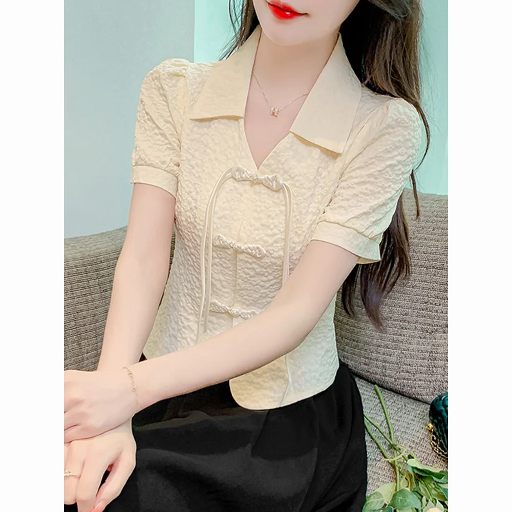 

Short Sleeve Shirts Women Cropped Knit Top Bow Tie Collar Girlish Preppy College Style Button Up Urban Chic Modern Summer Blouse