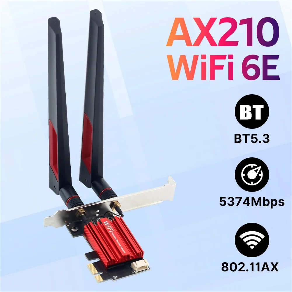 

WiFi 6E AX210 802.11ax Беспроводной Wi-Fi адаптер Bluetooth 5,3 PCIE X1/4/8/16 Wlan карта 5374 Мбит/с 2,4G/5G/6G Wi-Fi адаптер