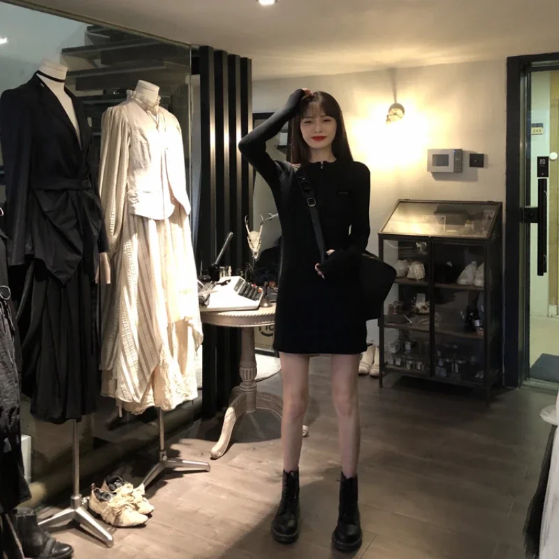 2025 vestido de mujer gris negro fino con rosca inferior vestidos sexis ajustados Color sólido cremallera Casual vestido ajustado femenino