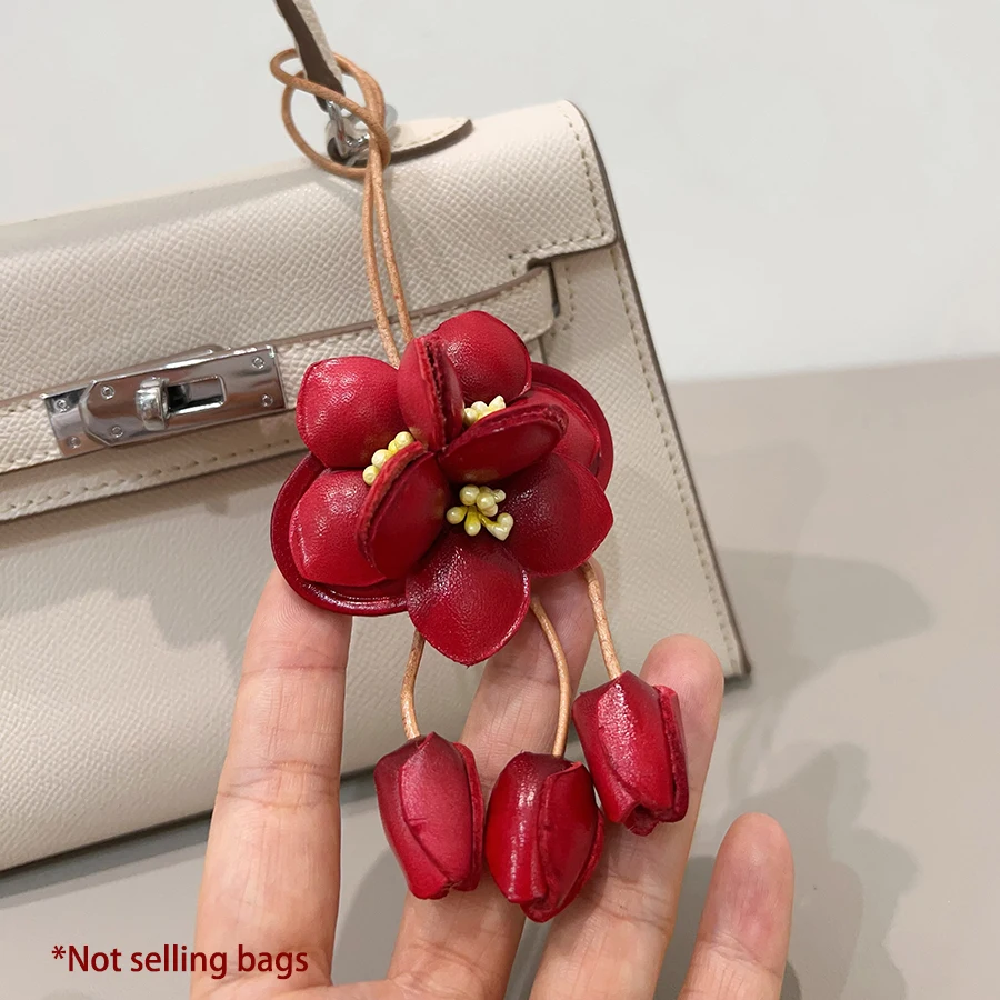 

Cowhide Leather Flower Bag Hanging Car Pendant Bag Charm Osmanthus Bags Car Decoration National Style Flower Pendants