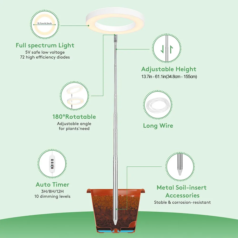 160cm Height Ring Grow Lights USB Adjustable Indoor Plants Full Spectrum Large Plant Light For Indoor Plants LED Growing Lamp