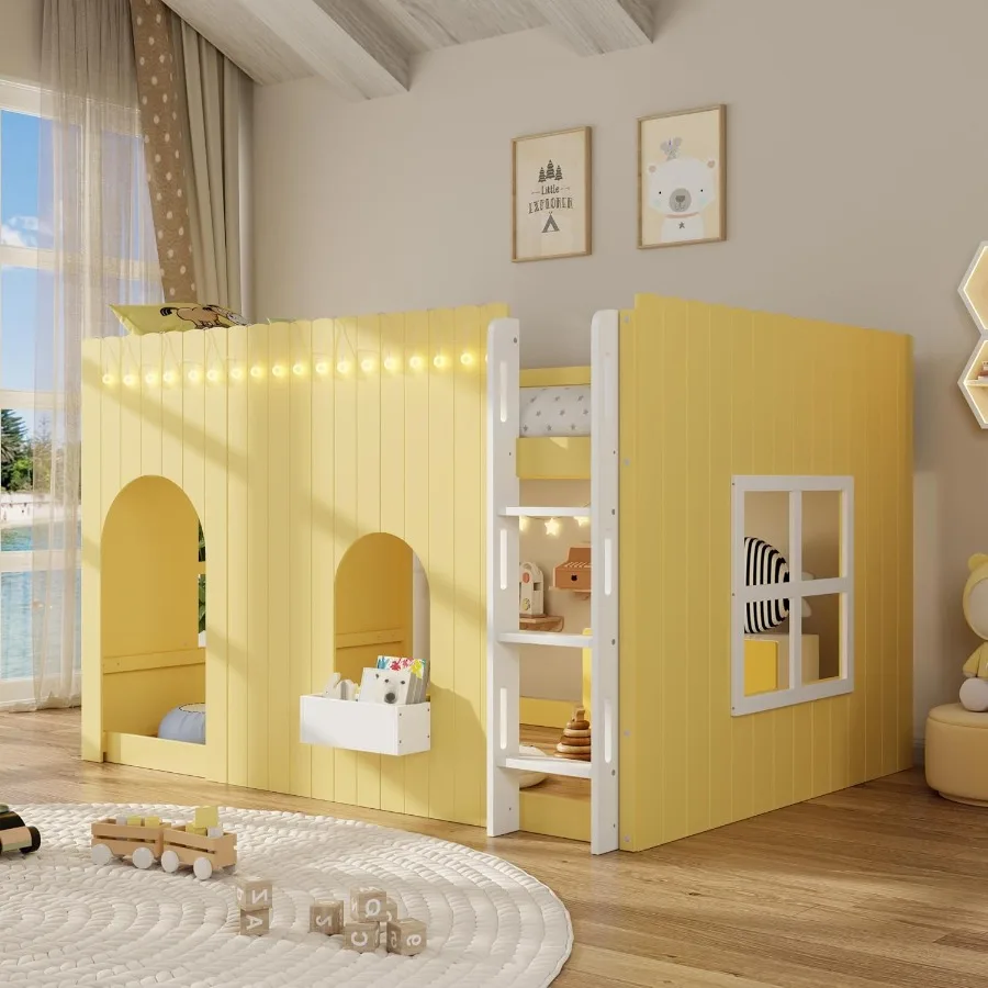 loft bed for small spaces, pine wood, primrose color, includes warm LED light string for safety and ambiance