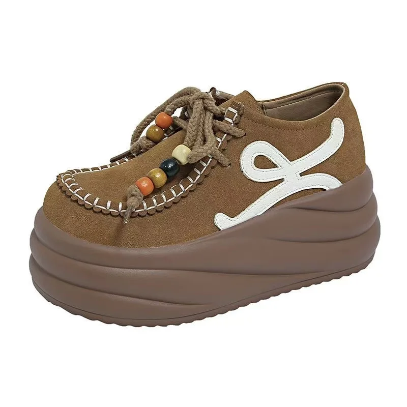 

Women 8 CM Platform Shoes Retro Design Loafers Lace Up Casual Fashion Outdoor Shoes Slip On Leather High Heel Oxfords For Female