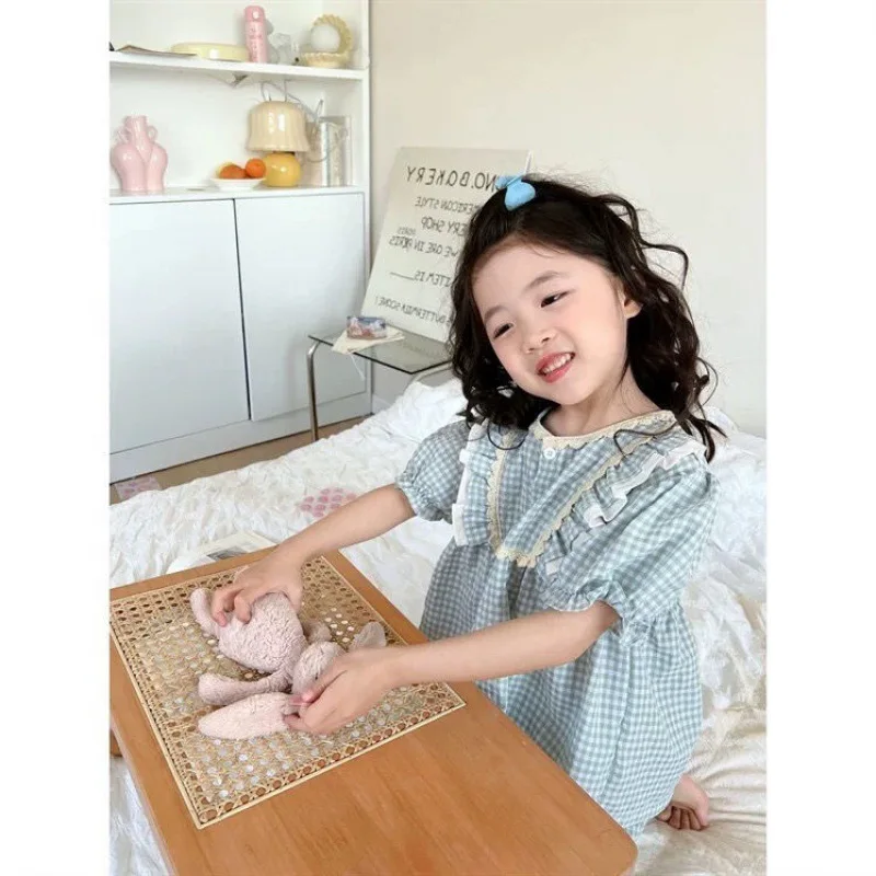 Children Pajamas Set Summer Korean Girls Cotton Plaid Short Sleeve Two Piece Suit Girls\' Homewear Clothes