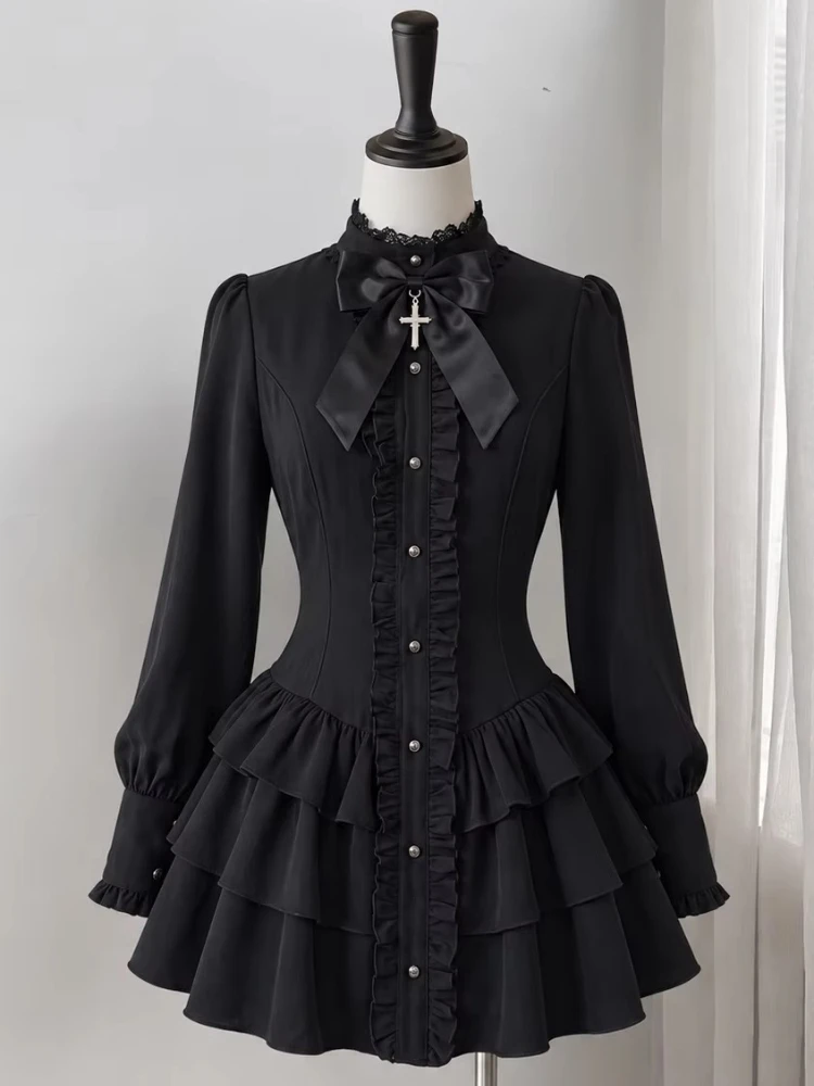 Harajuku Sweet Bow Black Plaid Dresses All-match Slim Fit Kawaii Lolita Dress for Women Autumn New Long Sleeve Vestidos De Mujer