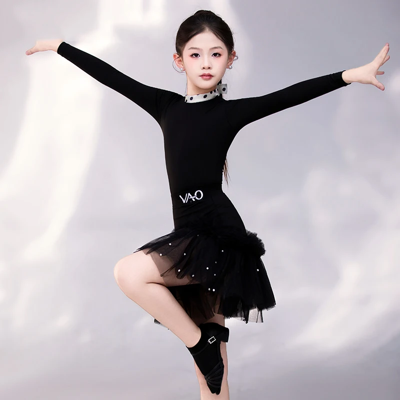 Kinderen Latin Danswedstrijd Kleding Voor Meisjes Zwarte Lange Mouwen Split Rokken Oefenpak Samba Chacha Latin Wear XH3635