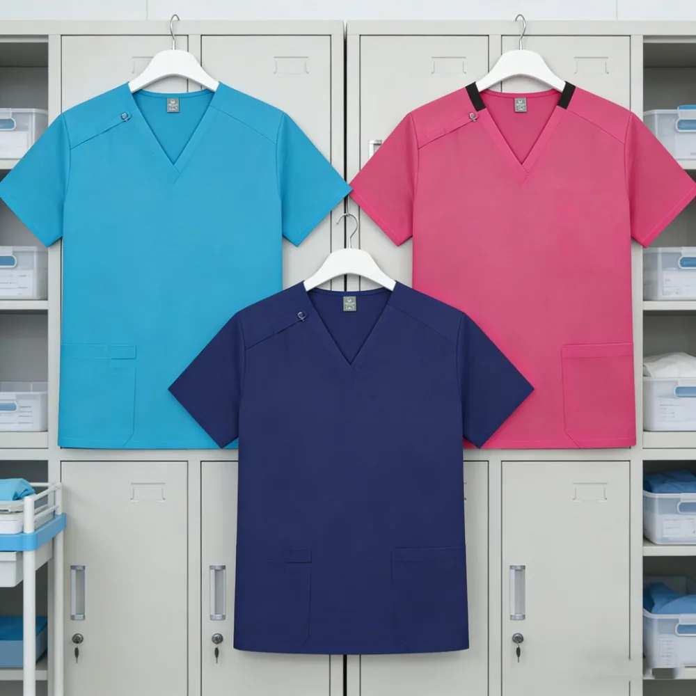 

New beautician Clothes Woman Solid Color Nursing Top T-Shirt medical Uniforms Short Sleeve Women Men V-neck Pocket Scrub Tops