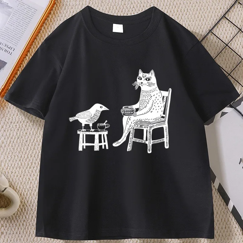 Coffee and Tea with Friends Graphic T-Shirt Men Women Funny Hipster Animal Drawing T Shirt Unique Cat Bird Tshirts Streetwear
