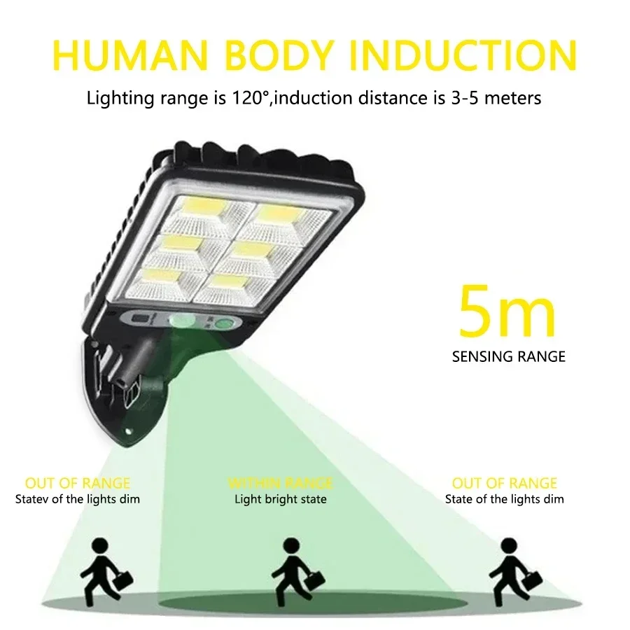 72/108COB في الهواء الطلق ضوء الشارع الشمسي مع محس حركة 3 طرق الإنسان التعريفي مقاوم للماء ضوء الشمس لحديقة المرآب فناء #4