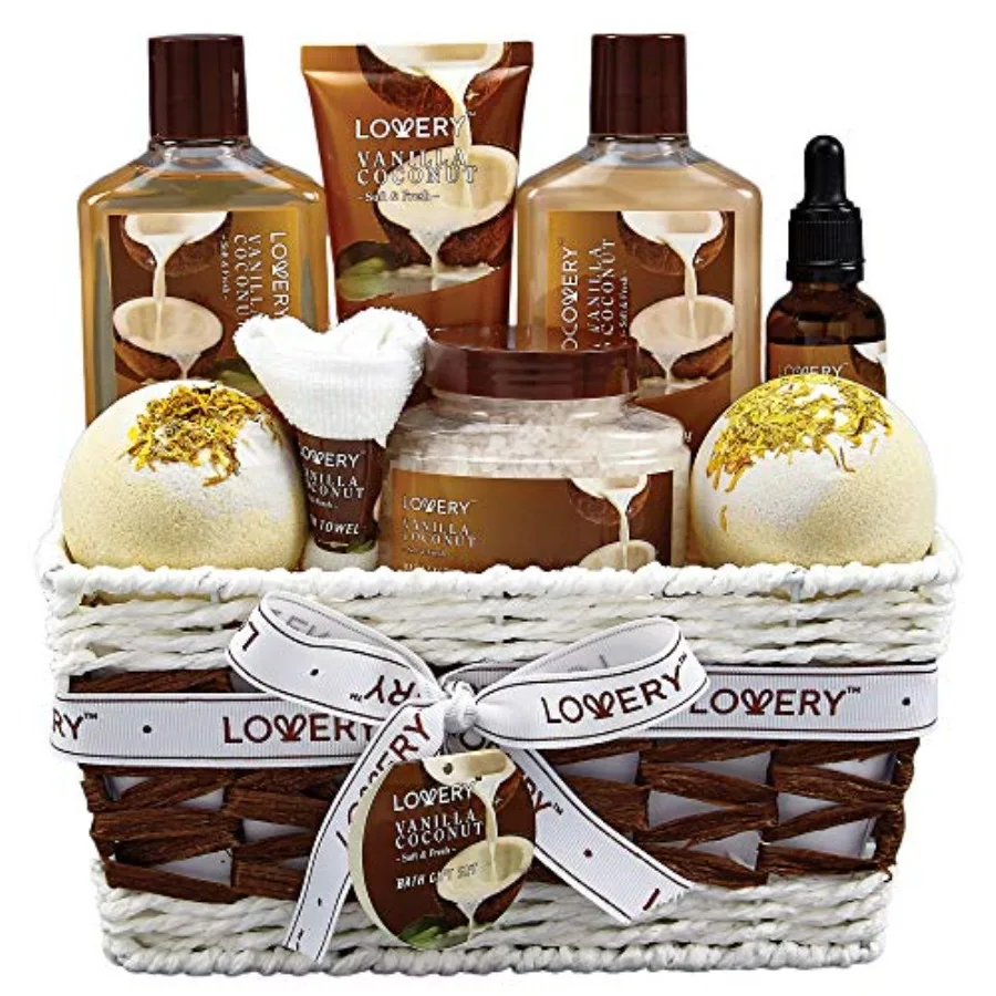 

Gifts For Women Gift Basket for Women 9 Piece Set of Vanilla Coconut Home Spa Set Luxurious Gifts for Her Bath and Body Sets In