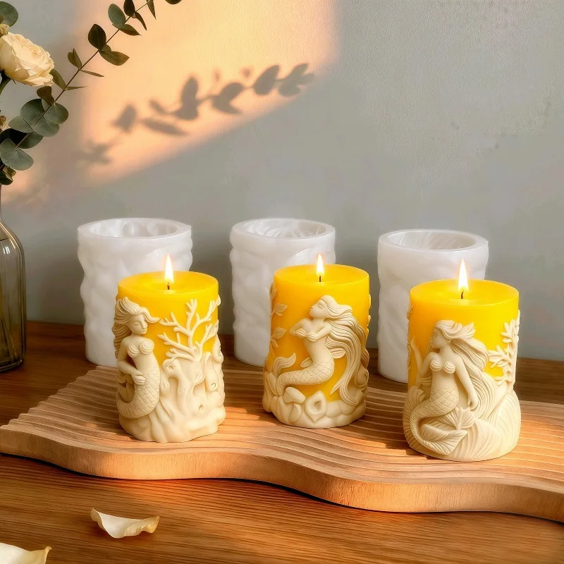 

3ps Mermaid Cylinder Candle Silicone Mold for Scented Candles and Plaster Decor, DIY Ocean Theme Craft