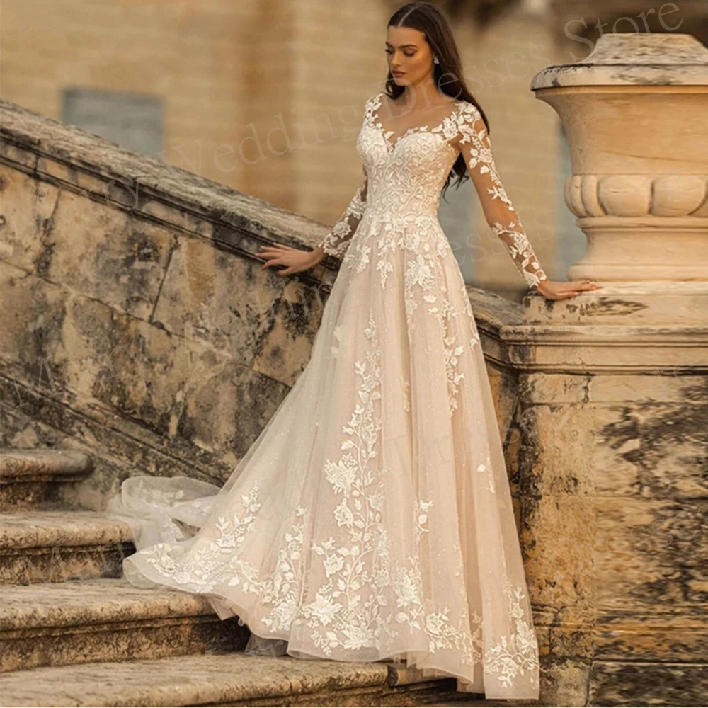 

Modern Charming Scoop Neck A-Line Tulle Wedding Dresses Vintage Lace Up Appliques Bride Gowns Elegant Long Sleeve Robe De Mariee