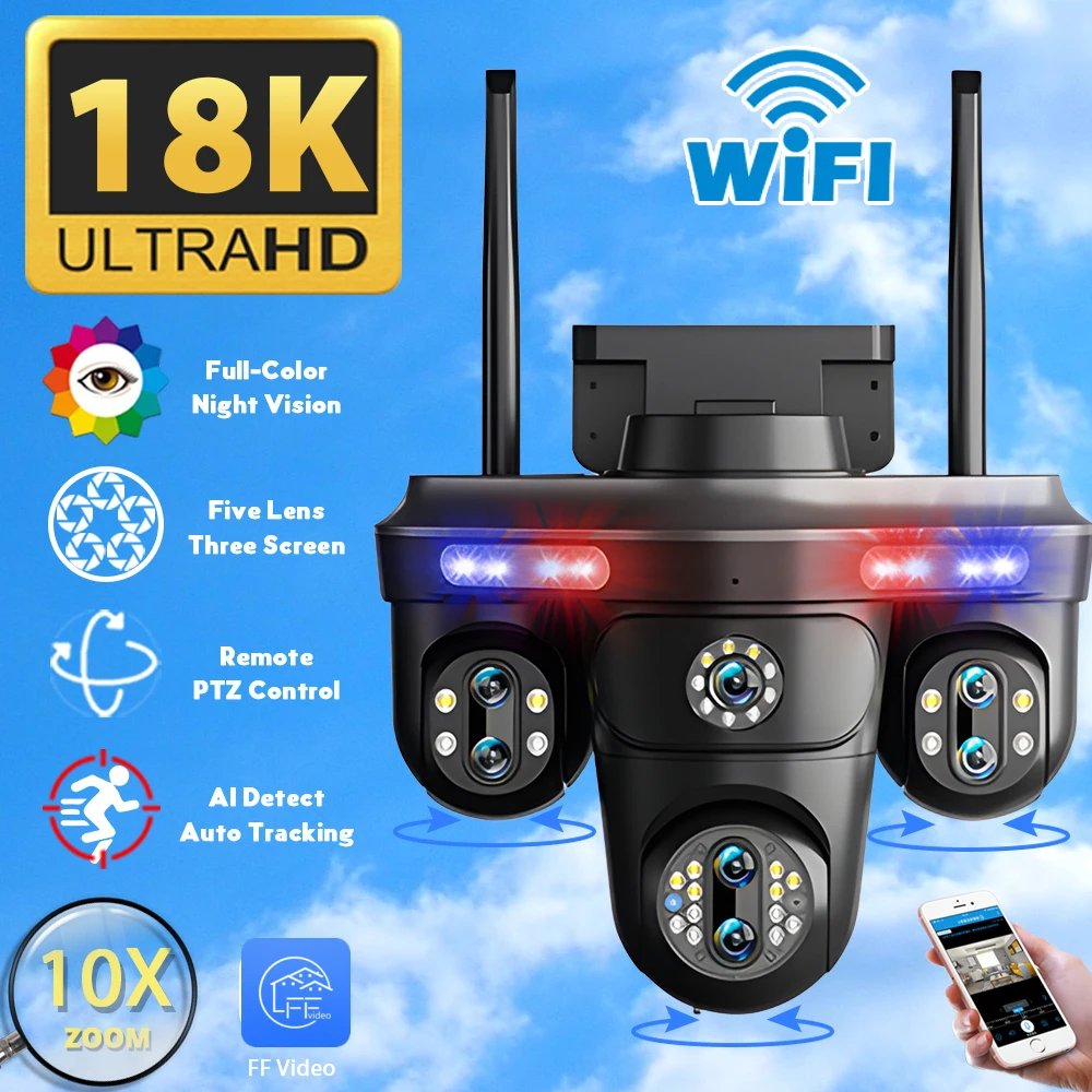 4K 10X Zoom Wifi PTZ Security Camera Auto Tracking Outdoor Seven Lens Four Screen Panoramic View CCTV Video Surveillance Camera