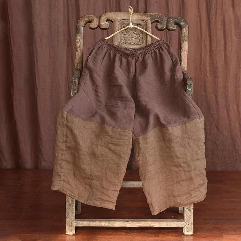 100% الكتان المرأة عادية بنطال ذو قصة أرجل واسعة جديد 2025 الصيف خمر نمط المرقعة اللون فضفاض الإناث الكاحل طول السراويل T476