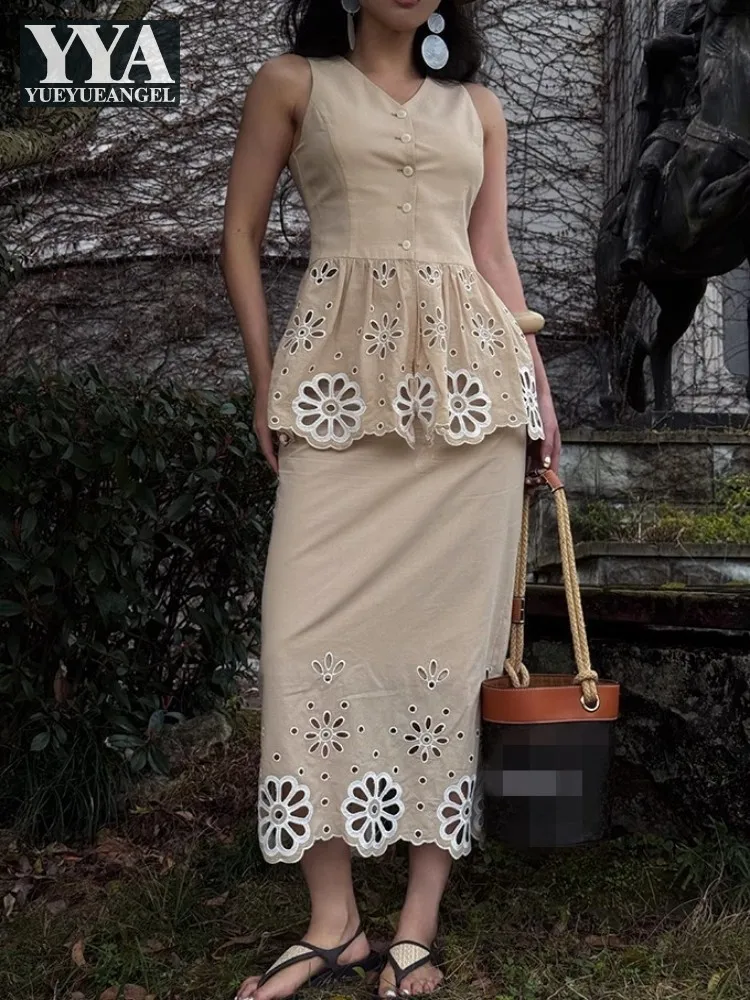 

Elegant Office Ladies Hollow Out Cotton V-Neck Single Breasted Vest High Waist Long Skirt Fashion Summer Women Two Piece Sets