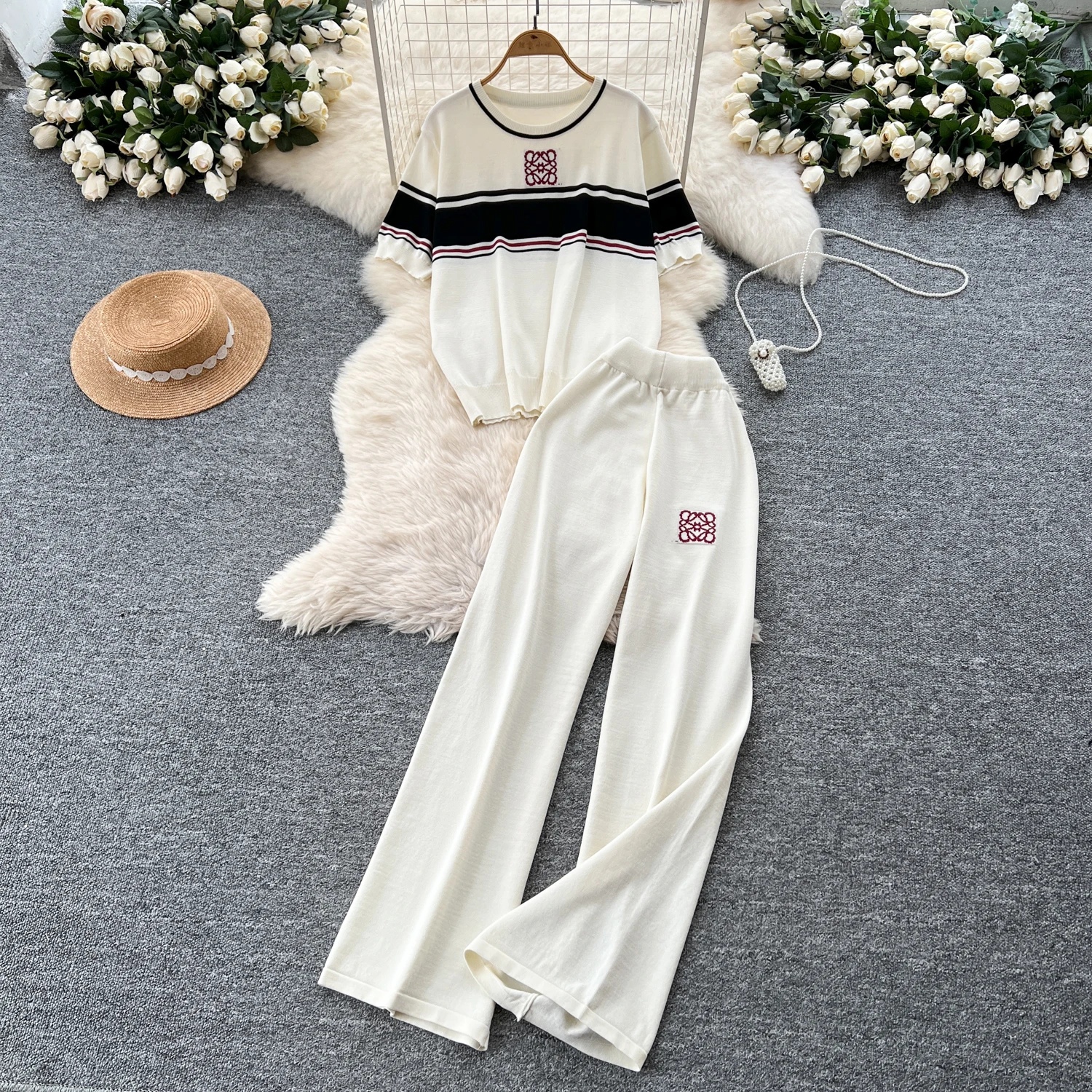 

Sexy Two Pieces Sets Chic Knit Pleated patchwork striped Top with Fashion Hotsweet High Waist Wide Leg Pant Sets