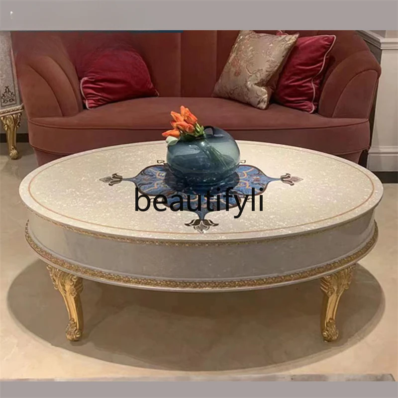 Shell parquet inlaid luxury French coffee table round sofa corner coffee table