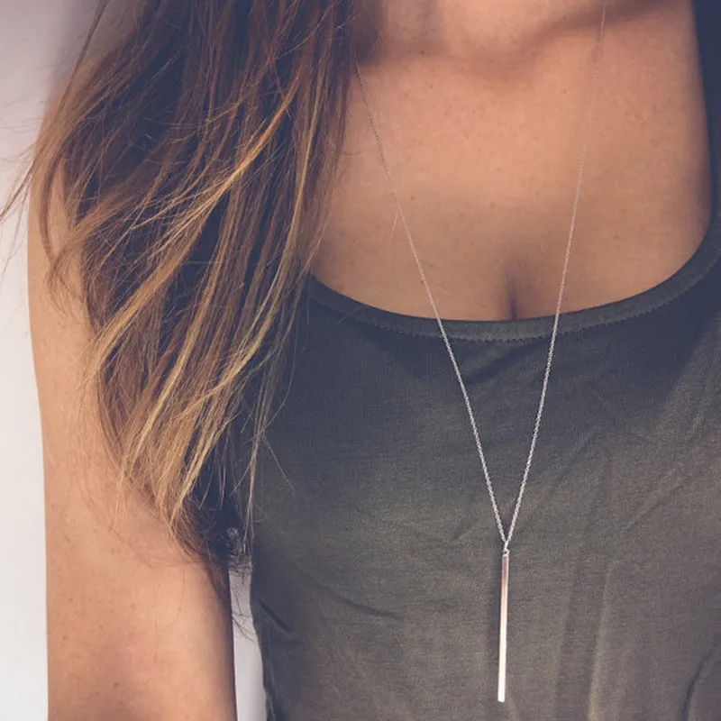 

Simple Classic Fashion Stick Pendant Necklace Hollow Girl Long Link Chain Square Copper Necklaces Strip Jewelry For Women