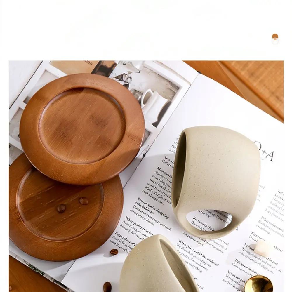 Creative Crescent Design Ceramic Mug With Wood Saucer Vintage Coarse Pottery Tea Latte Cup Artistic Home Office Drinkware
