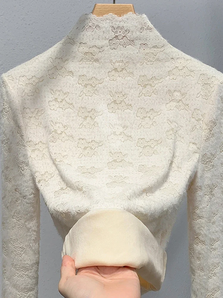 French Romantic Lace Long Sleeve T-shirt Base Shirt Women's High Neck Thickened Warm Elastic Large Top T Shirt Women Y2k Top — zdjęcie 4